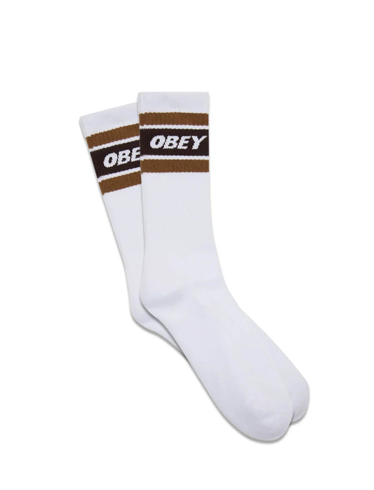 Obey Cooper II Socks in White/Demitasse, white crew socks with a brown and tan striped cuff and Obey logo