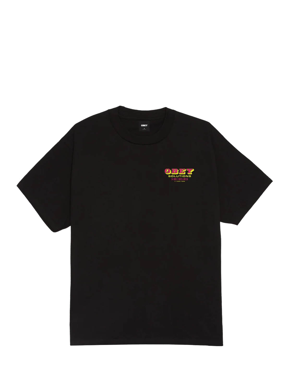 Front of the Obey Solutions T-Shirt in Black, with a small pink and yellow Obey Solutions logo on the chest