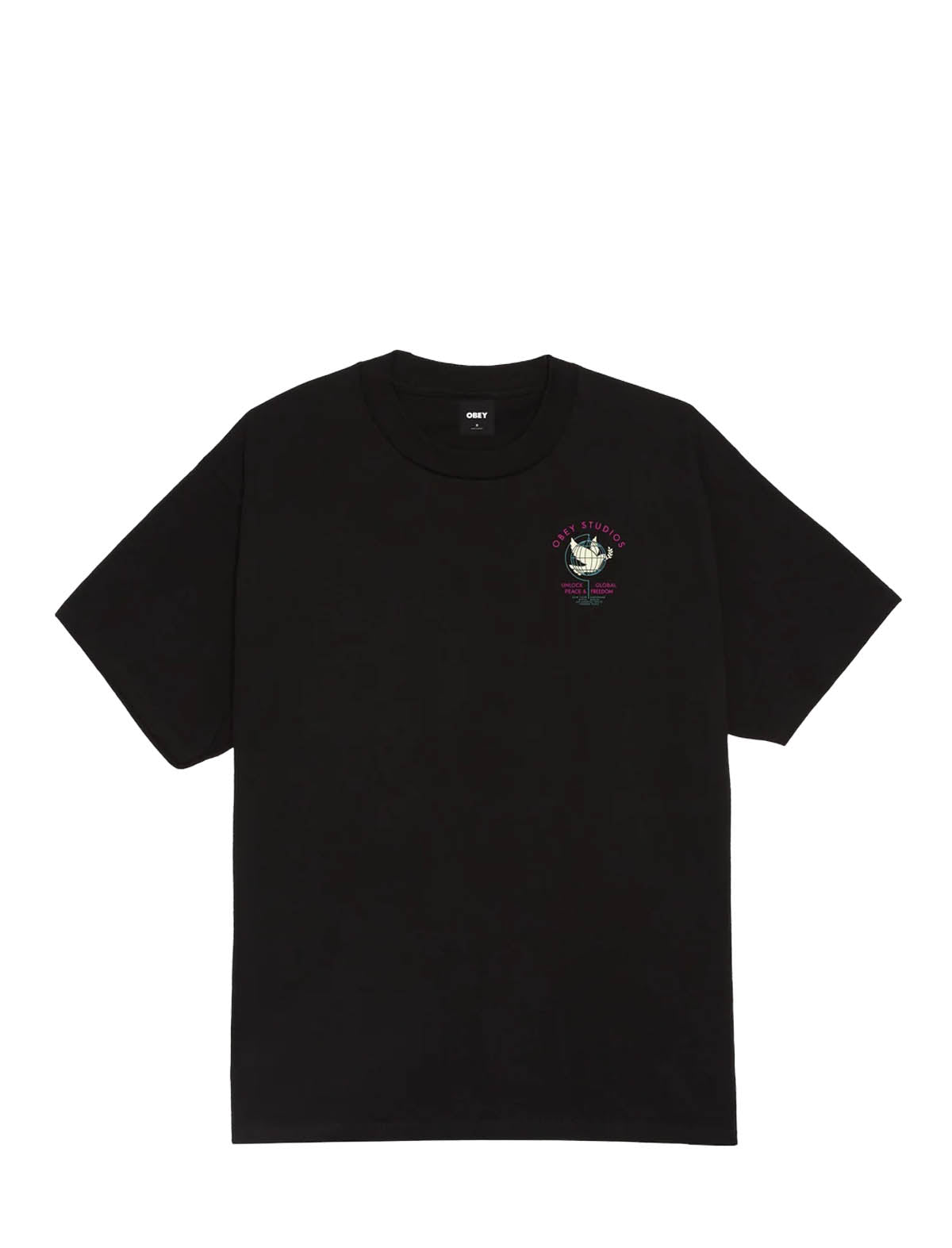 Front of the Obey Unlock Peace & Freedom T-Shirt in Black, with a small Obey Studios dove graphic on the chest