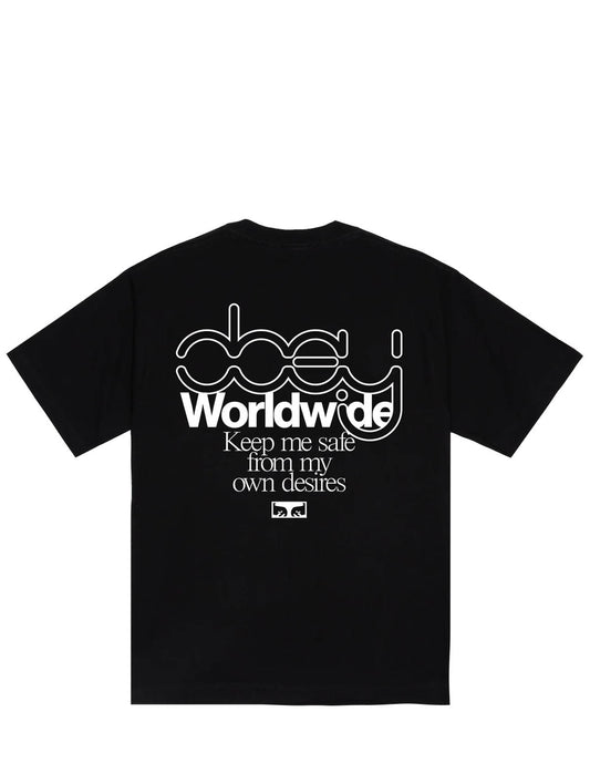 Back of the Obey Desires Heavyweight T-Shirt in Black, showing a white Obey Worldwide graphic with Keep me safe from my own desires text