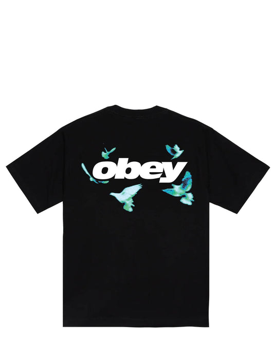 Back of the Obey Dovine Heavyweight T-Shirt in Black, showing a white Obey logo surrounded by teal flying doves