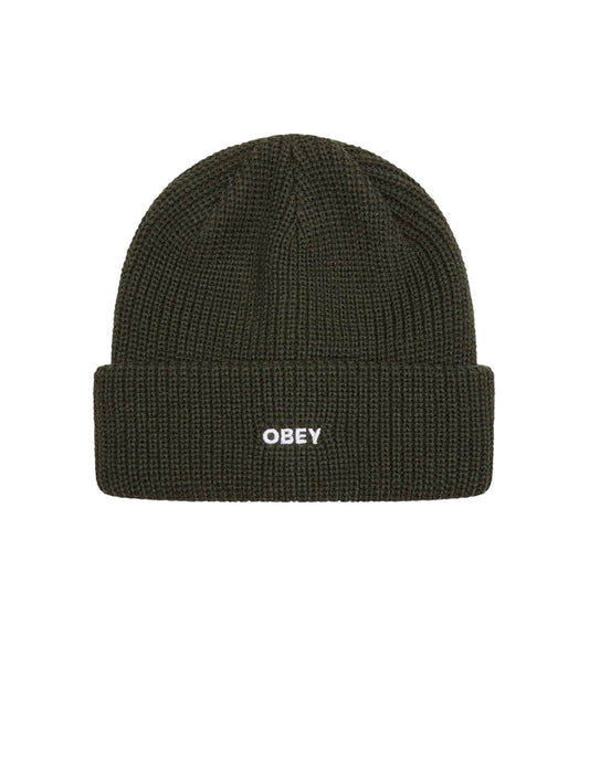 Obey Future Beanie in Black/Olive, a mid depth rib knit beanie with a white embroidered Obey logo on the cuff