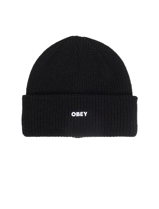 Obey Future Beanie in Black, a mid depth rib knit beanie with a white embroidered Obey logo on the cuff