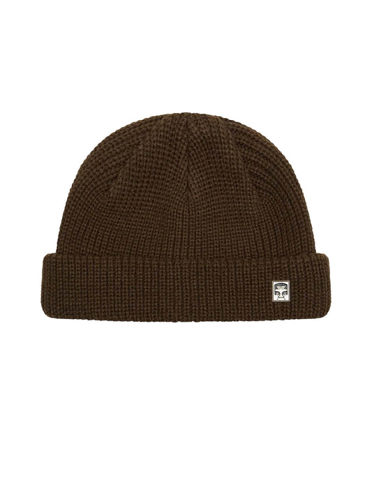 Obey Micro Beanie in Wren brown, a shallow waffle knit fisherman beanie with an Obey logo pin on the cuff