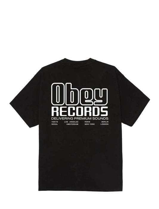 Back of the Obey Premium Sounds T-Shirt in Black, showing a large white Obey Records graphic with Delivering Premium Sounds text