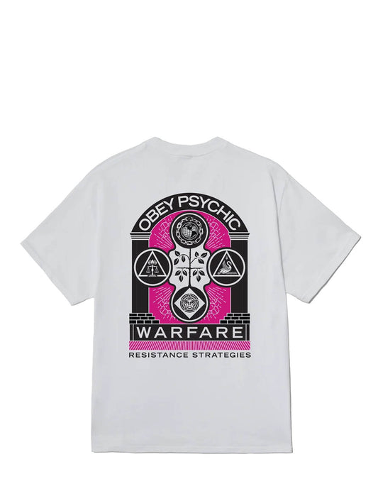 Back of the Obey Secret Society T-Shirt in White, showing the black and pink Psychic Warfare archway graphic
