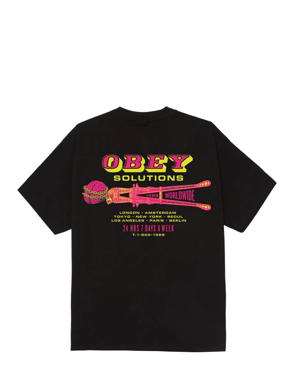 Back of the Obey Solutions T-Shirt in Black, showing a neon pink and yellow bolt cutter graphic breaking chains off a brain