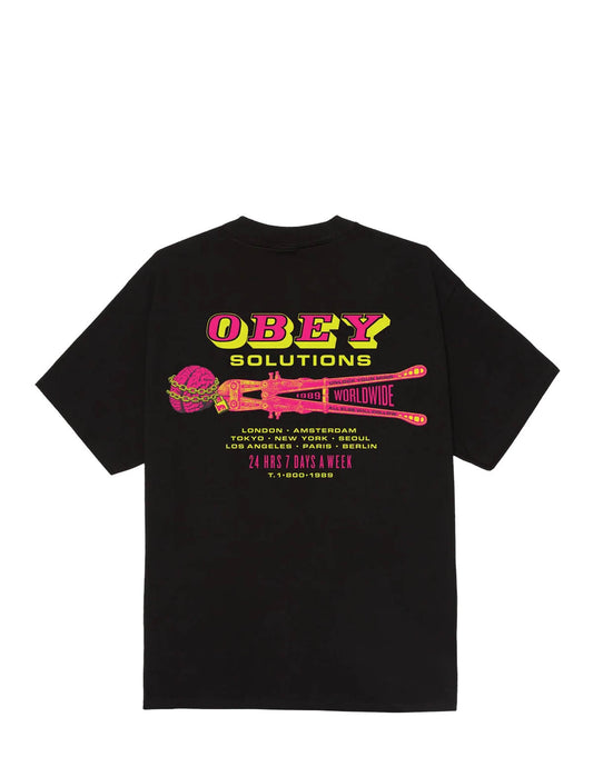 Back of the Obey Solutions T-Shirt in Black, showing a neon pink and yellow bolt cutter graphic breaking chains off a brain