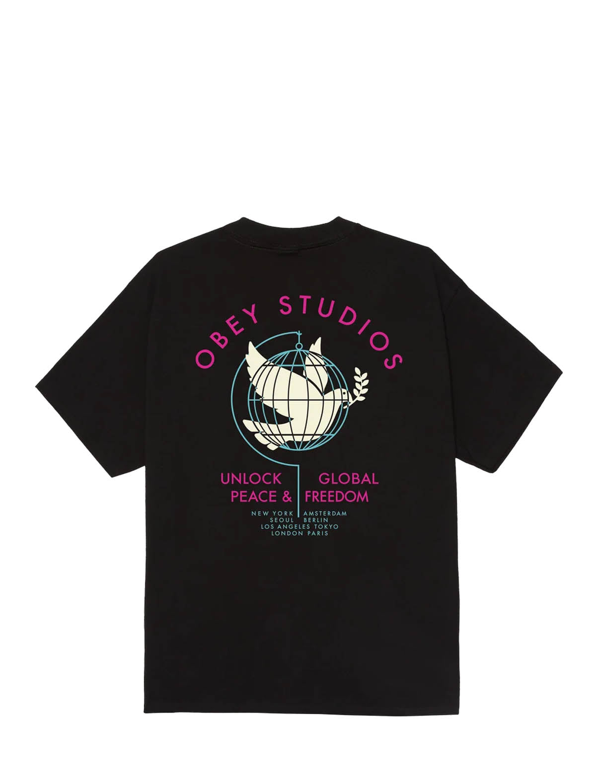 Back of the Obey Unlock Peace & Freedom T-Shirt in Black, showing a white dove and teal globe graphic with pink Obey Studios text