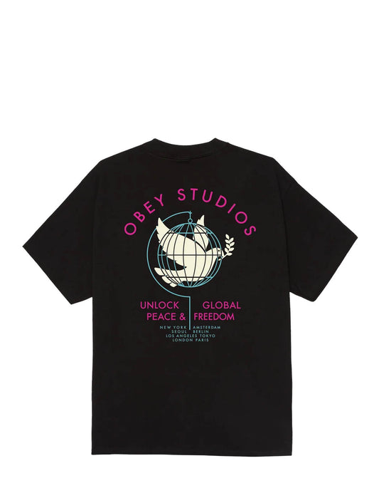 Back of the Obey Unlock Peace & Freedom T-Shirt in Black, showing a white dove and teal globe graphic with pink Obey Studios text