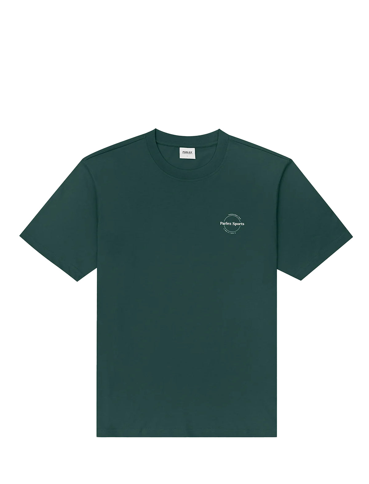 A dark green short-sleeve crewneck t-shirt with a small circular logo on the left chest, displayed flat against a solid white background.