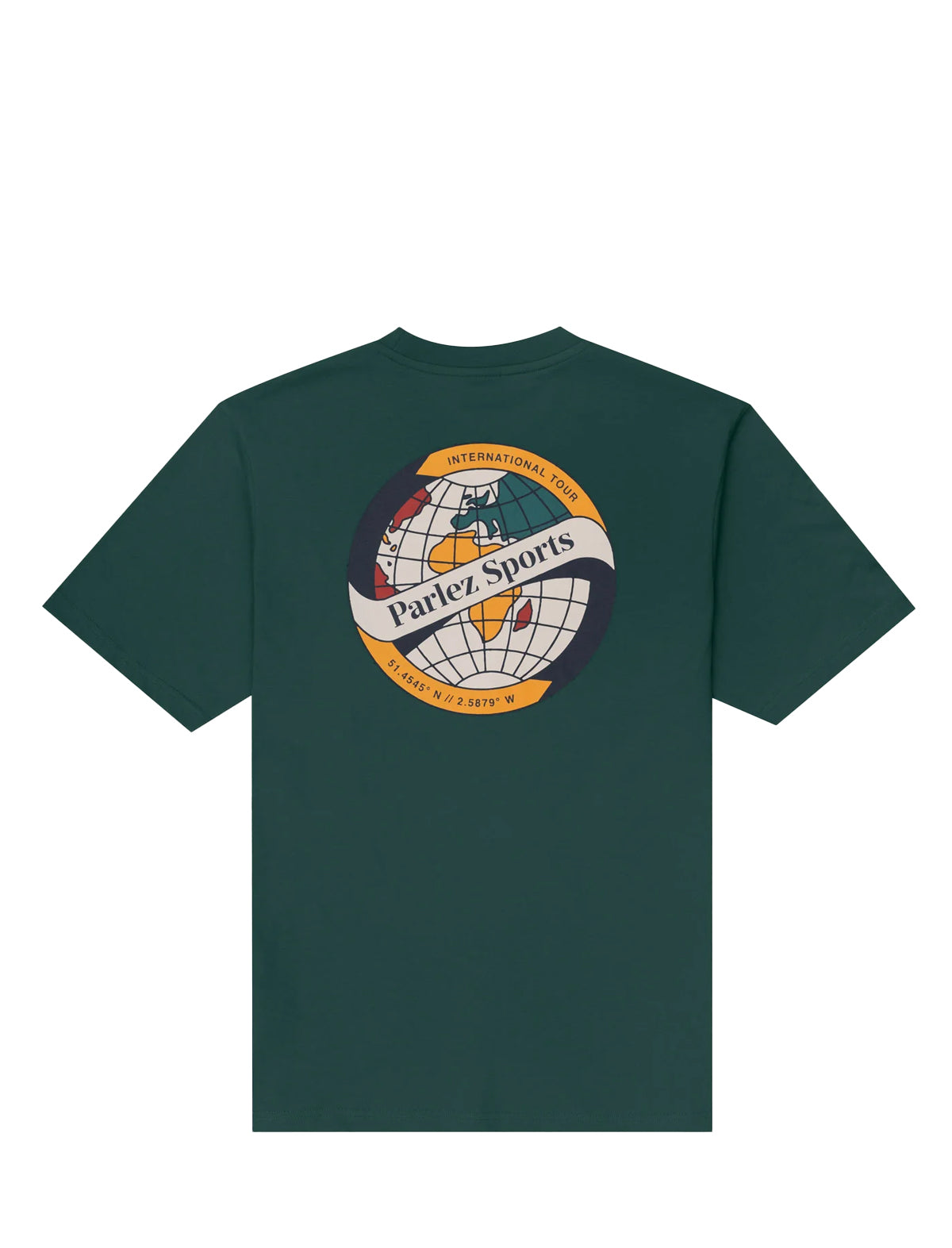 A dark green short-sleeve t-shirt with a large circular graphic on the chest featuring a globe design and the text 'Parlez Sports'.