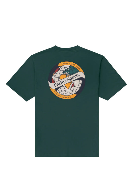 A dark green short-sleeve t-shirt with a large circular graphic on the chest featuring a globe design and the text 'Parlez Sports'.