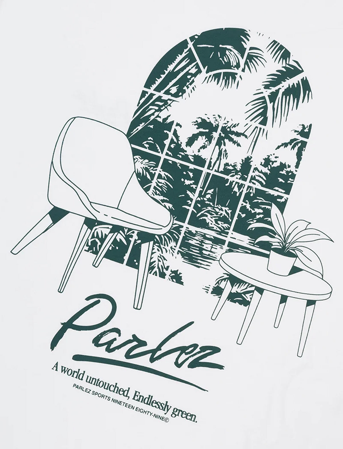 A white graphic print featuring a retro lounge chair, a small side table with a potted plant, and a tropical palm tree scene inside an arched window. The word 'Parlez' is written in a large script font, with smaller text below reading 'A world untouched.