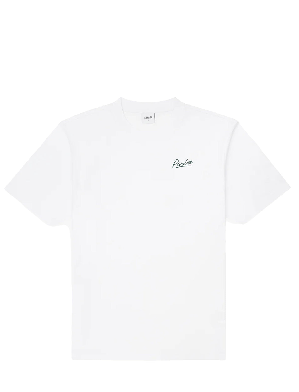 A white short-sleeve crewneck t-shirt with a small black script logo on the left chest, displayed flat against a solid white background.