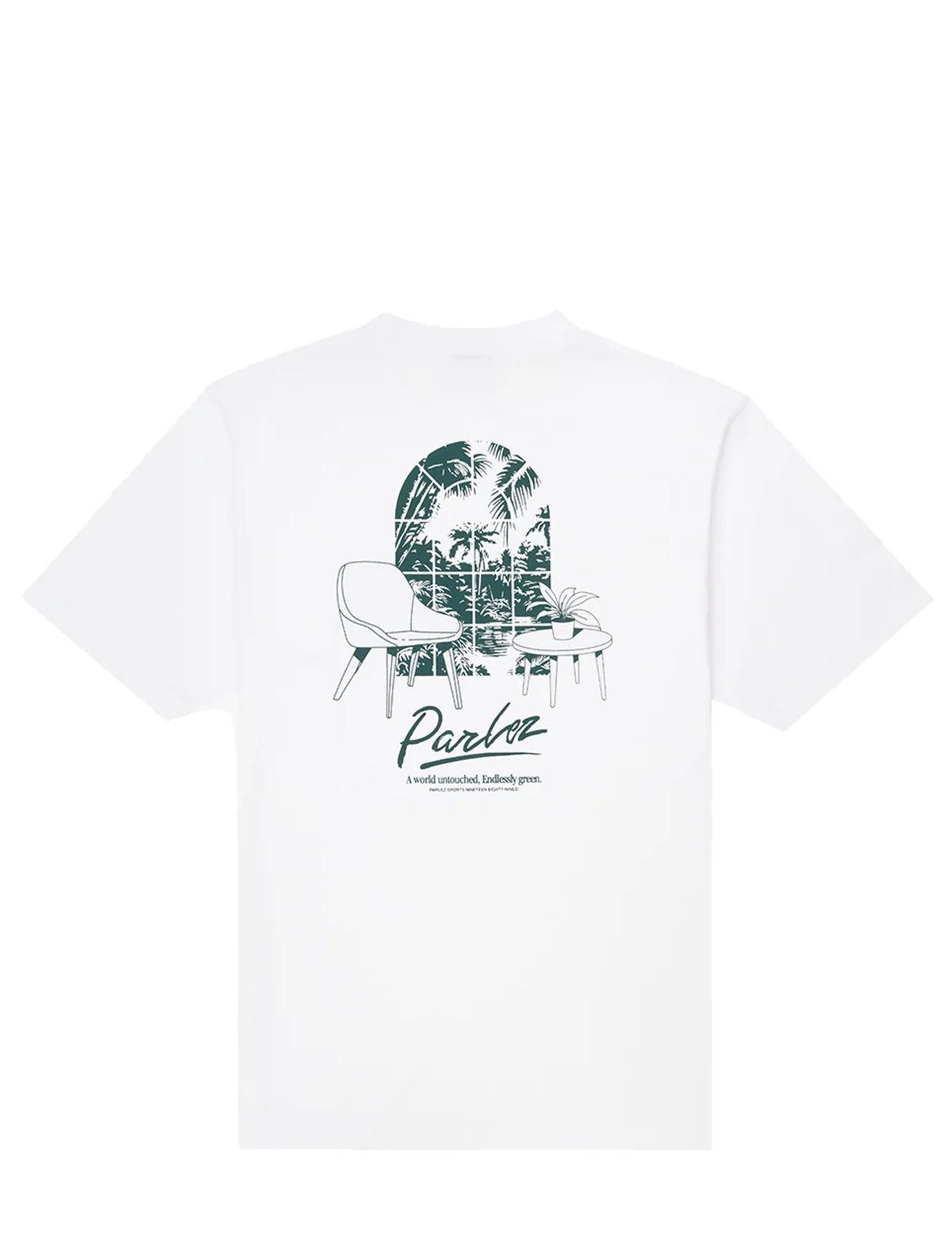 A white short-sleeve crewneck t-shirt featuring a dark green graphic print on the back. The graphic depicts a mid-century modern lounge chair with a tropical palm tree illustration inside, above the script brand name 'Parlo' and small text reading 'A London based Italian brand'.