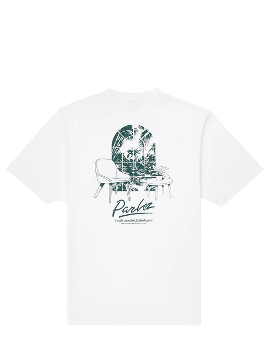 A white short-sleeve crewneck t-shirt featuring a dark green graphic print on the back. The graphic depicts a mid-century modern lounge chair with a tropical palm tree illustration inside, above the script brand name 'Parlo' and small text reading 'A London based Italian brand'.