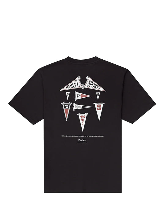 A black short-sleeve t-shirt with a graphic print on the back featuring multiple sports pennants and the text 'EARLY SPORTS' and 'Peters'.
