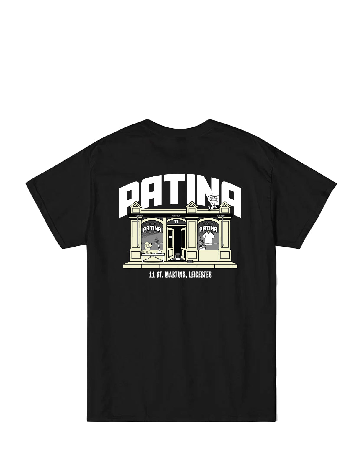 Patina Shop Black t-shirt with a graphic design on the back featuring the brand 'Patina'.