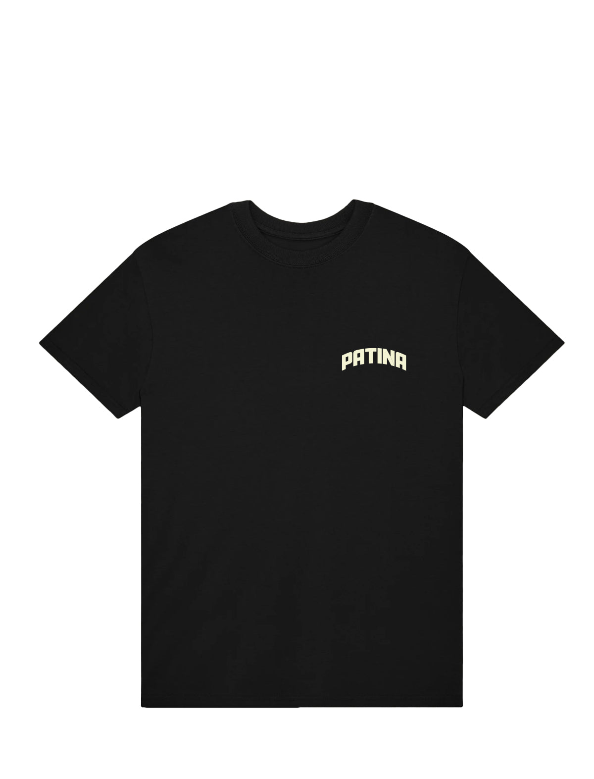 Black t-shirt with 'Patina' logo on a white background