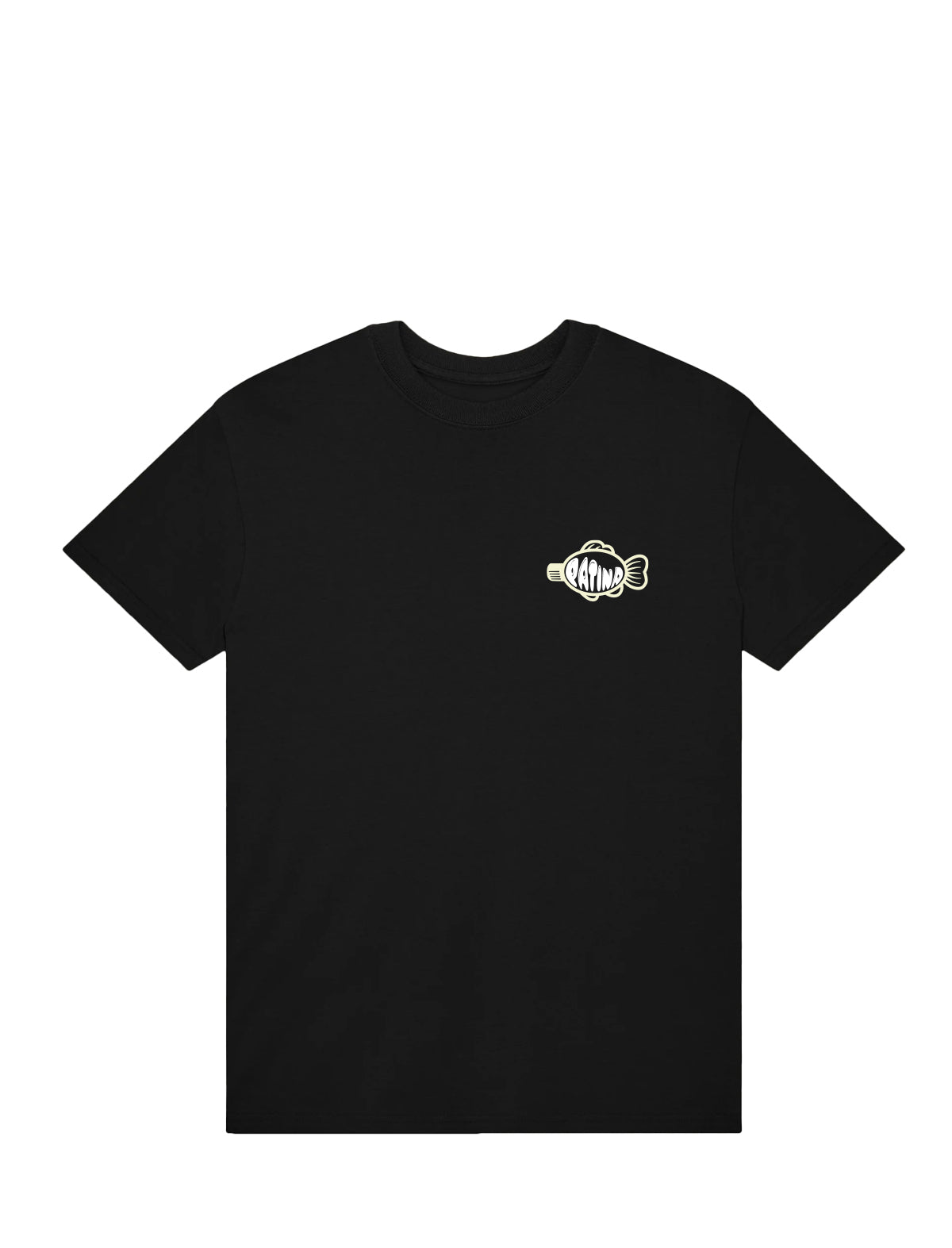 Patina Black t-shirt with a small white logo on a white background