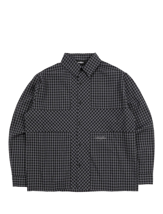 Wasted Paris Cross Shirt in Black Tartan – flat lay, front