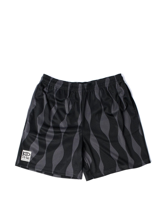 Black and gray patterned athletic shorts with a small white brand patch on the lower left leg, displayed flat against a white background.