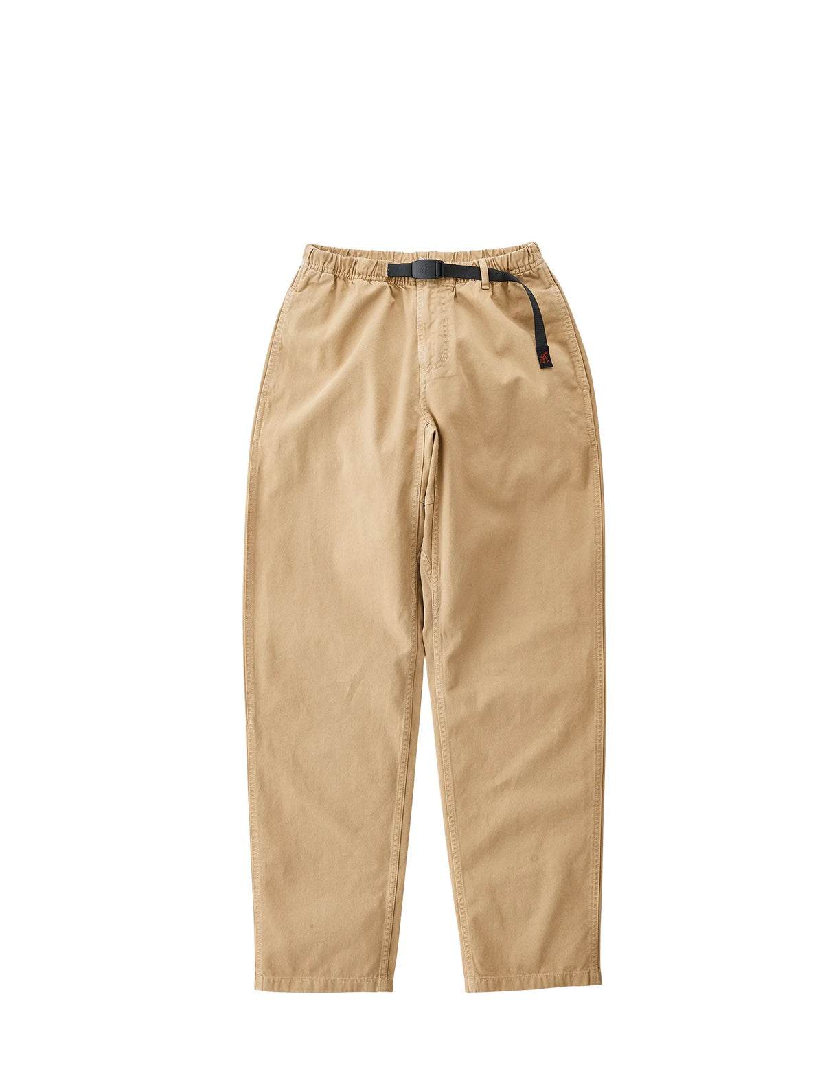 A pair of beige chinos with an elastic waistband and a dark navy drawstring belt, shown flat on a white background.