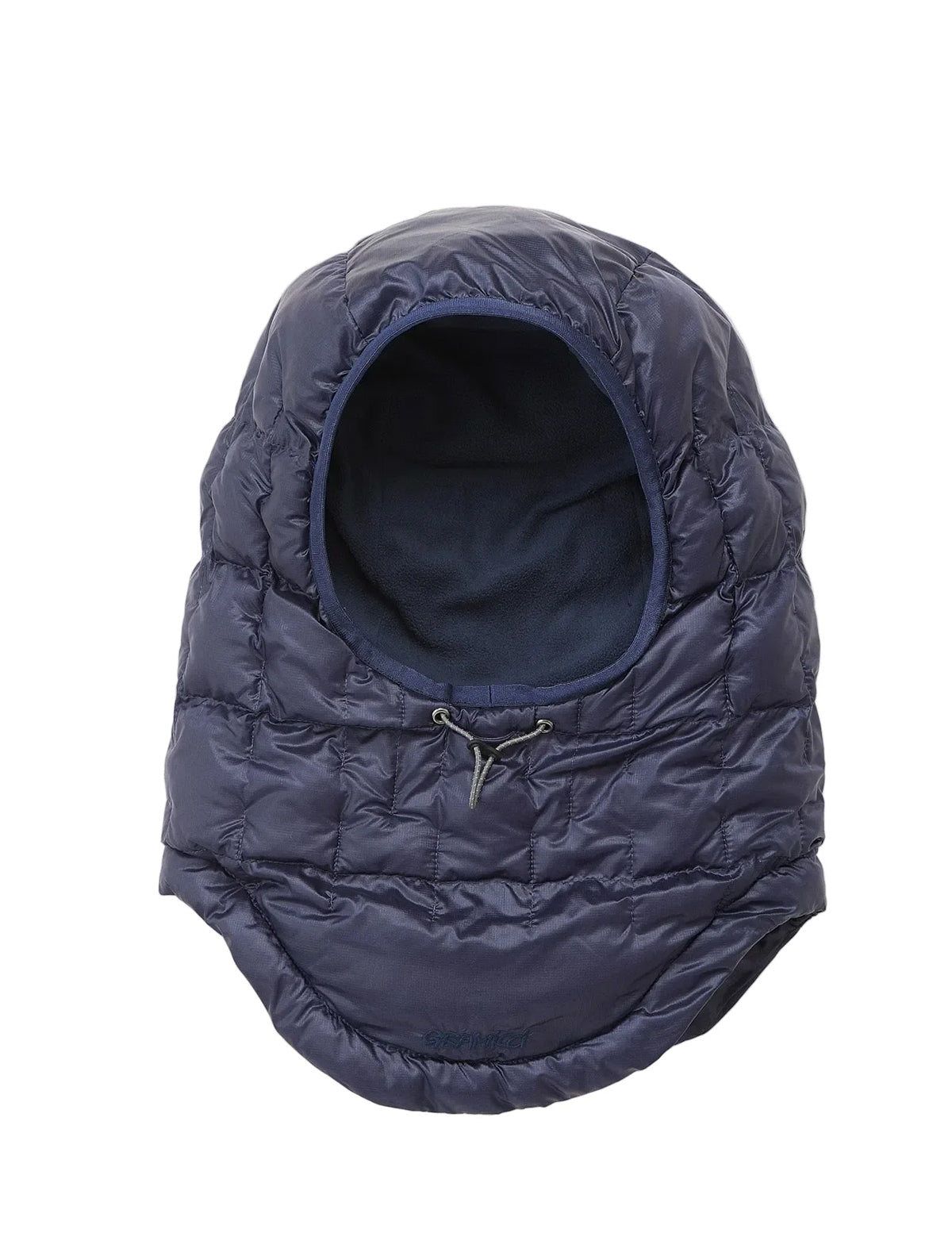 A navy blue puffer balaclava hood with quilted stitching, a drawstring closure, and a dark blue interior lining, shown against a plain white background.