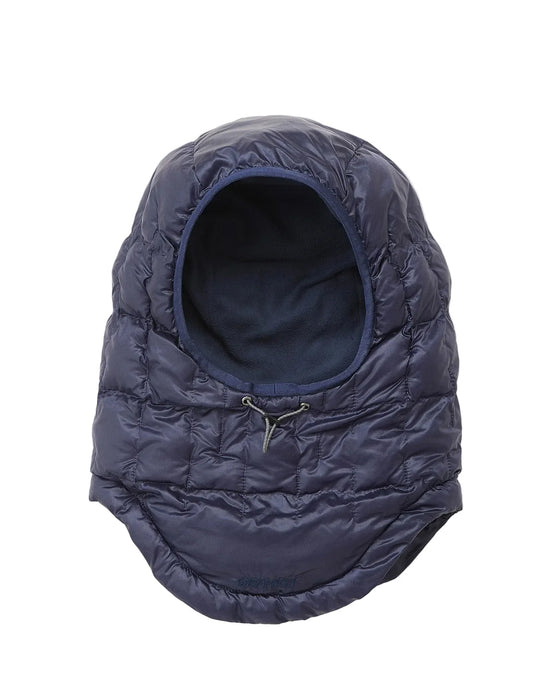 A navy blue puffer balaclava hood with quilted stitching, a drawstring closure, and a dark blue interior lining, shown against a plain white background.