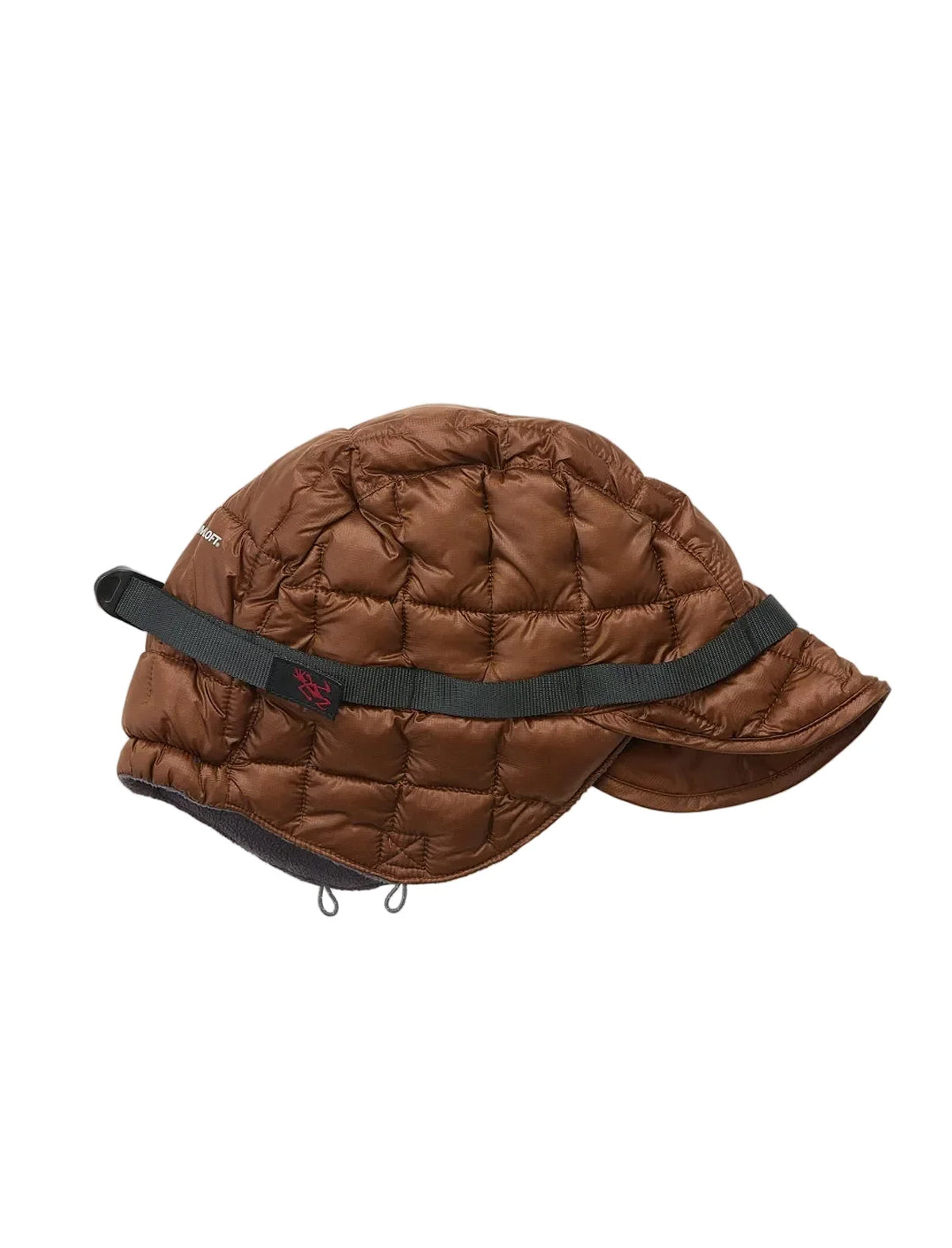 A brown quilted puffer cap with a dark gray adjustable chin strap, shown from a side profile on a white background.