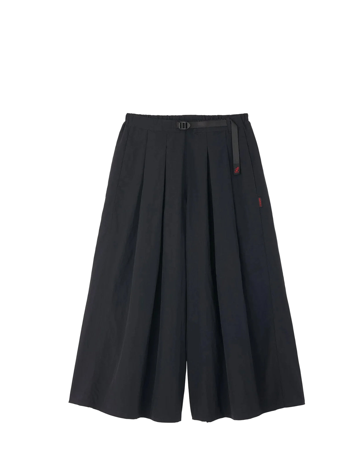 Black pleated wide-leg shorts with a matching black belt and a small red accent tab on the side, shown against a plain white background.