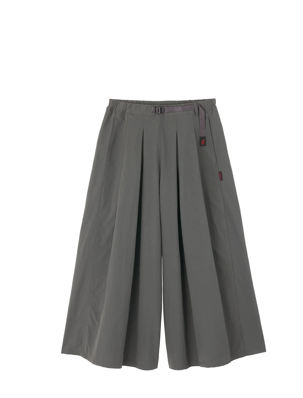 A pair of wide-leg pleated trousers in a solid gray color, featuring a matching gray belt and small red brand tags on the sides, displayed against a plain white background.