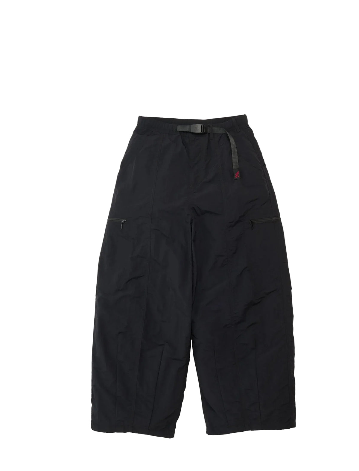 Black wide-leg cargo pants with a zippered front and side pockets, displayed flat against a white background.