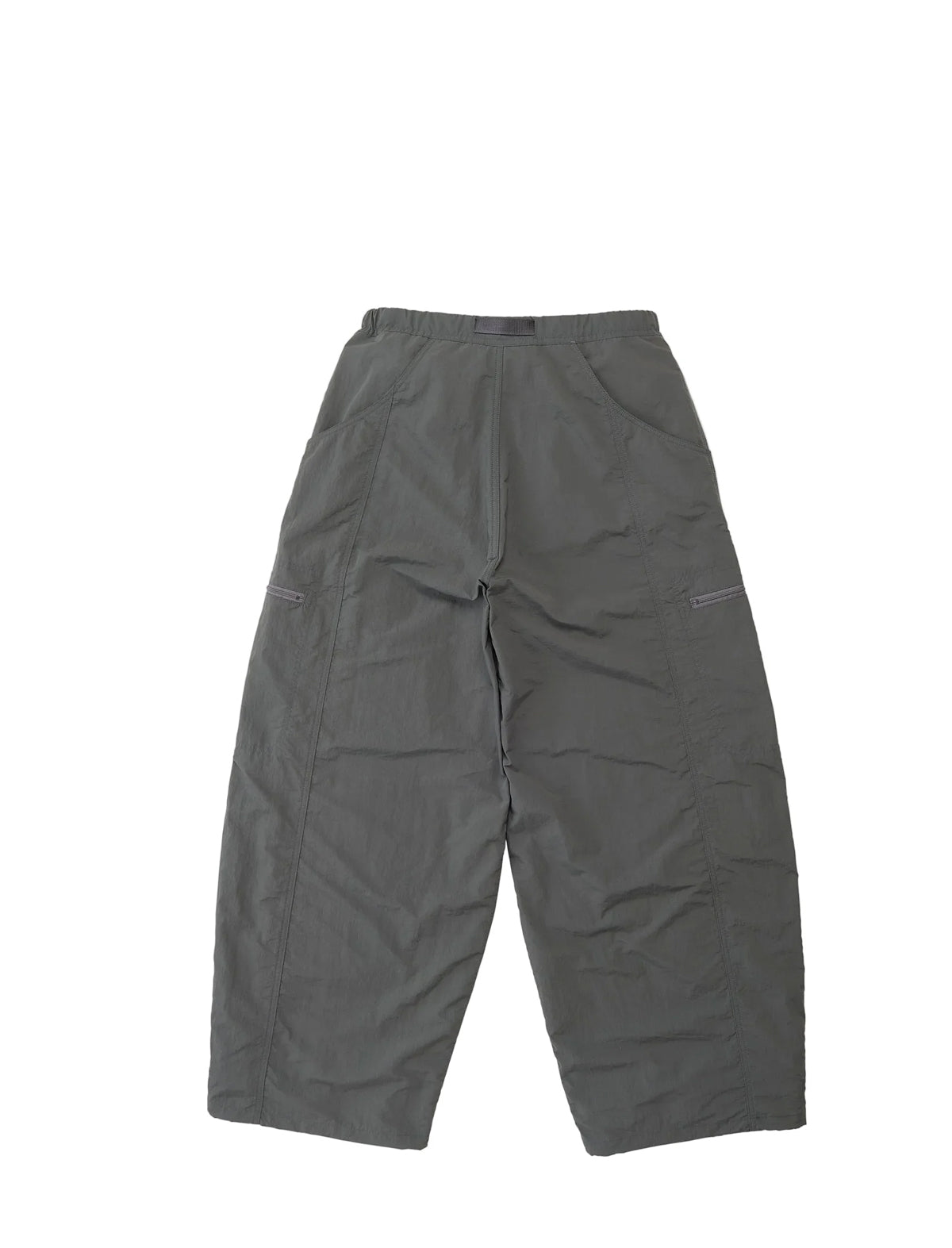 A pair of dark gray cargo pants with a relaxed, wide-leg fit, laid flat against a solid white background.