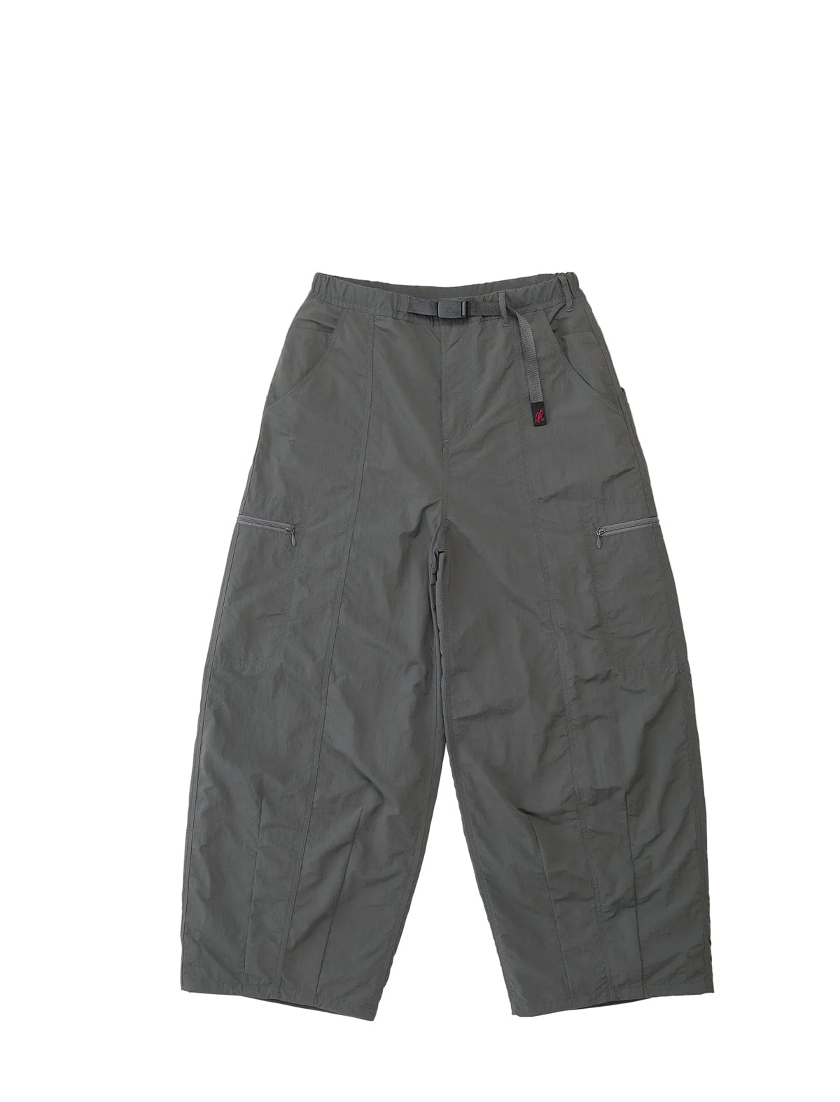 A pair of dark gray cargo pants with a drawstring waist and zippered side pockets, laid flat against a white background.