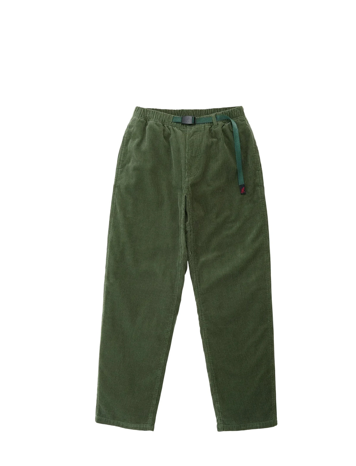 A pair of olive green corduroy pants with an elastic waistband, a matching green drawstring belt, and a small red embroidered logo on the belt tip, shown against a plain white background.