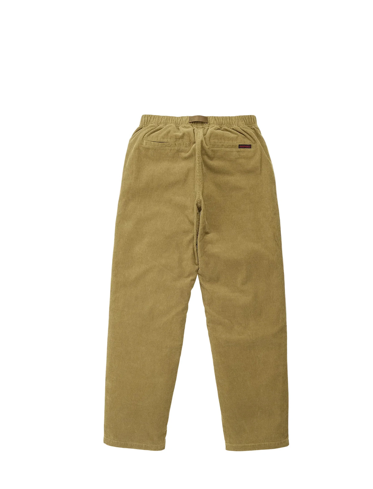 A pair of tan corduroy pants with an elastic waistband and drawstring, shown flat against a white background.