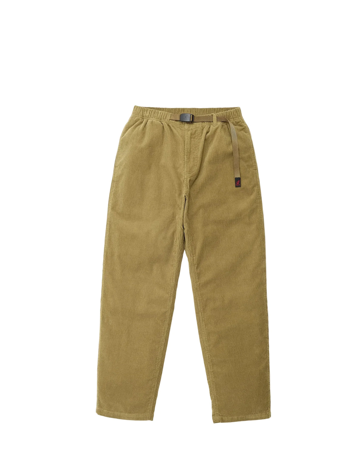 A pair of tan corduroy pants with an elastic waistband, belt loop, and a small brown leather brand tab on the right side, shown against a plain white background.