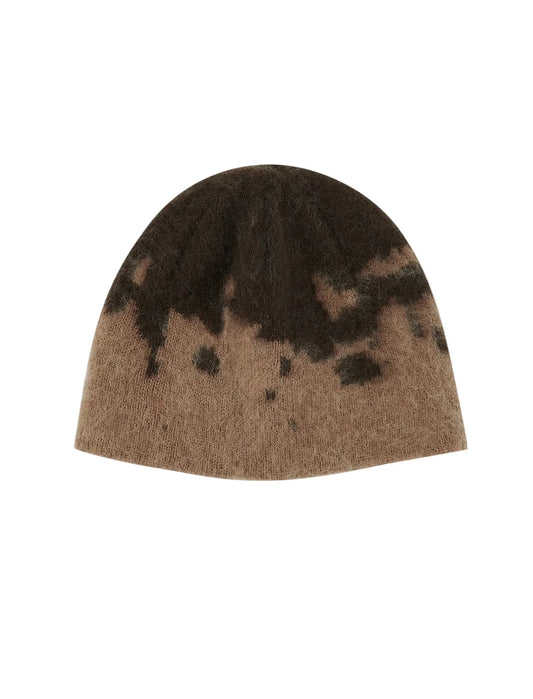 A knit beanie hat featuring a dark brown and light brown mottled or tie-dye pattern, presented on a solid white background.