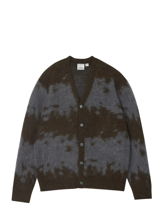 A brown and gray tie-dye knit cardigan sweater with a button-up front, displayed flat against a plain white background.