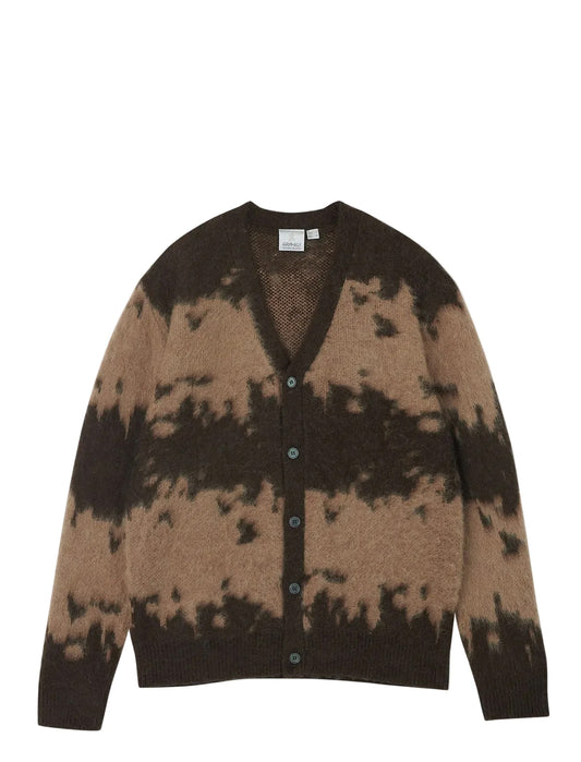 A brown and beige tie-dye knit cardigan sweater with a V-neck and button-up front, displayed flat against a white background.