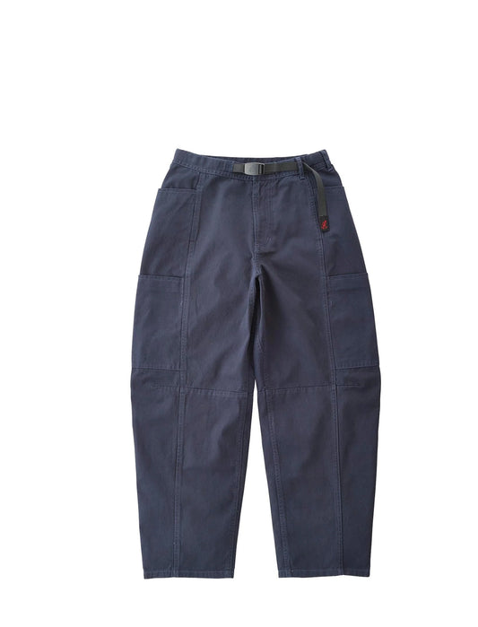 A pair of dark navy blue work pants with a belt loop, front utility pockets, and a small red logo tab on the side, shown flat against a white background.
