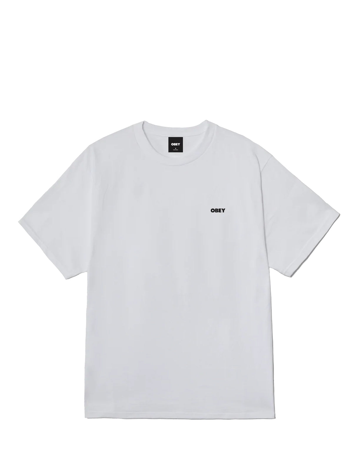 A white short-sleeve crewneck t-shirt with a small black 'OBEY' logo printed on the left chest, displayed flat against a solid white background.
