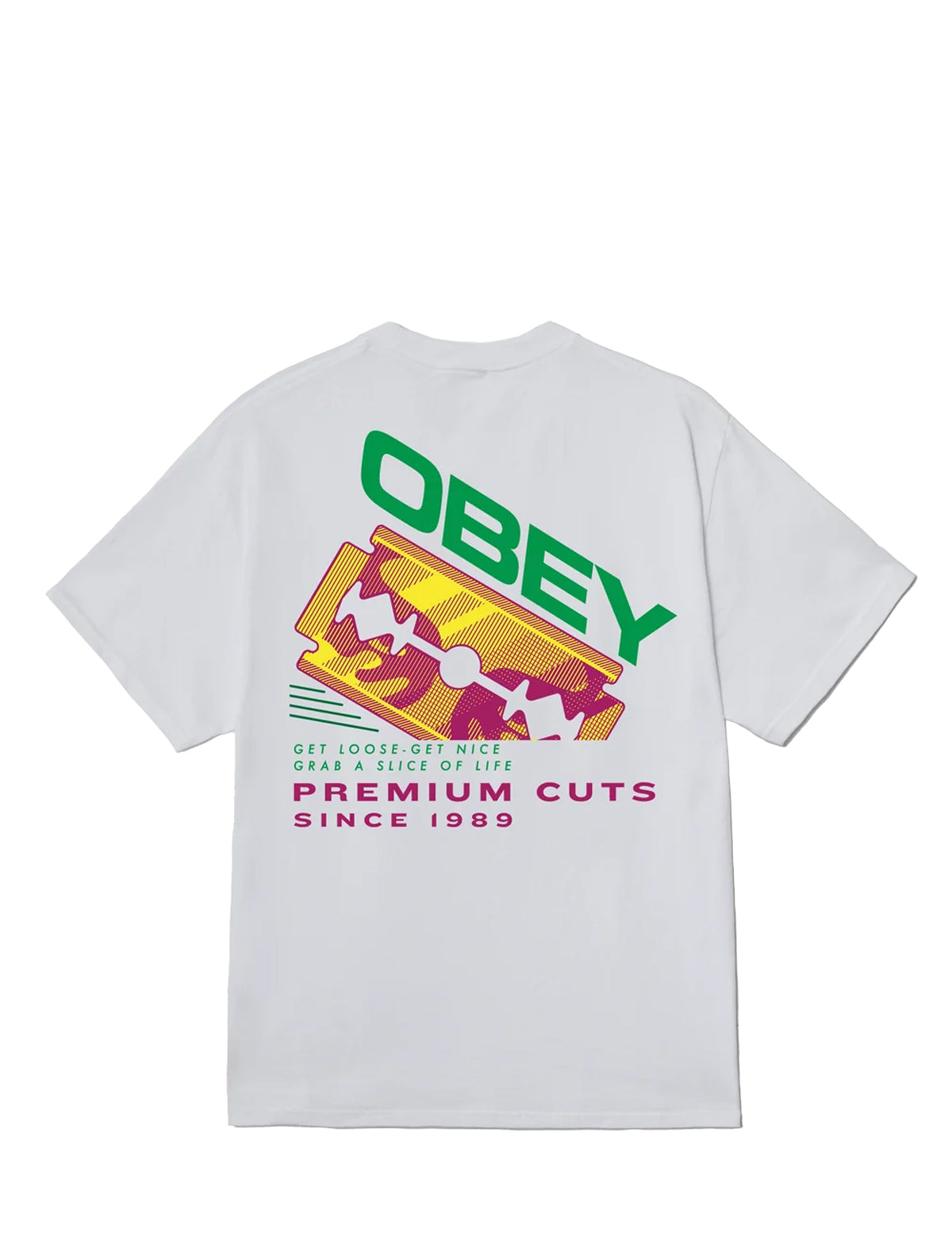 White short-sleeve t-shirt with a colorful graphic print on the back, featuring the brand name 'OBEY' in green above a stylized yellow and red graphic, with pink text below reading 'PREMIUM CUTS SINCE 1989'.
