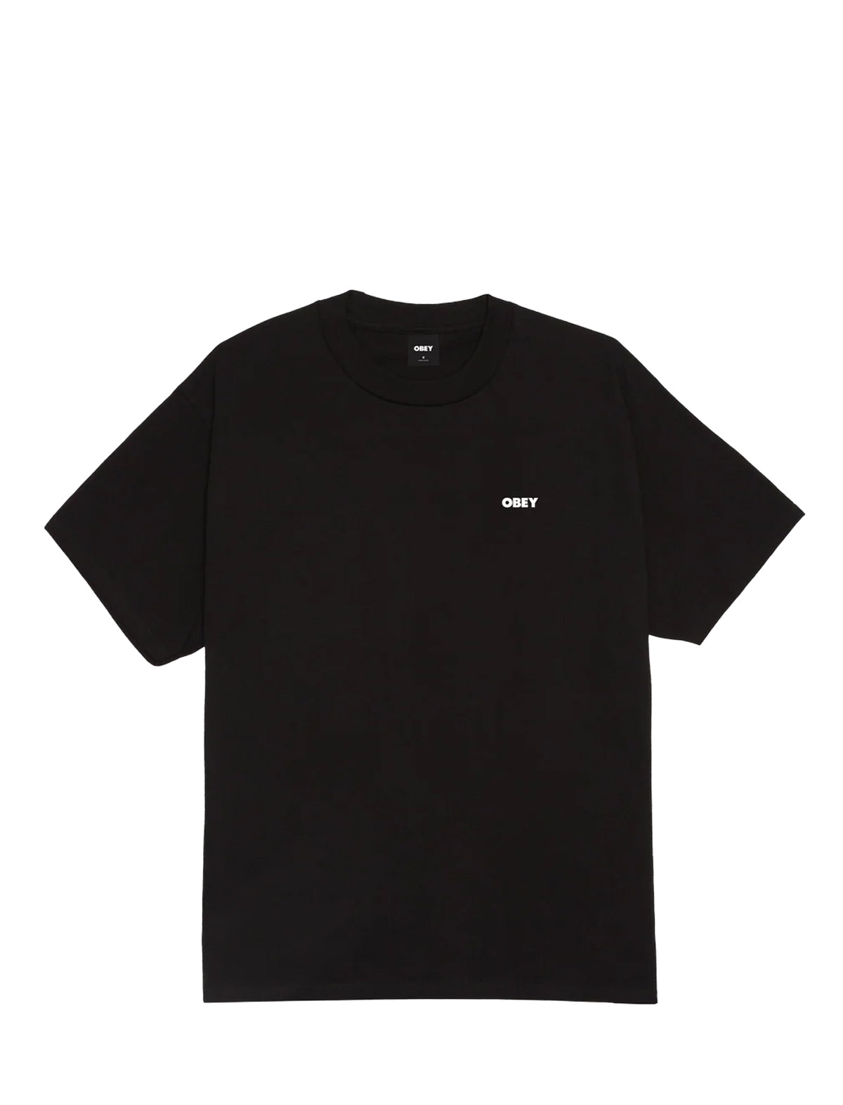 A black short-sleeve crewneck t-shirt with a small white 'OBEY' logo printed on the left chest, displayed flat against a solid white background.