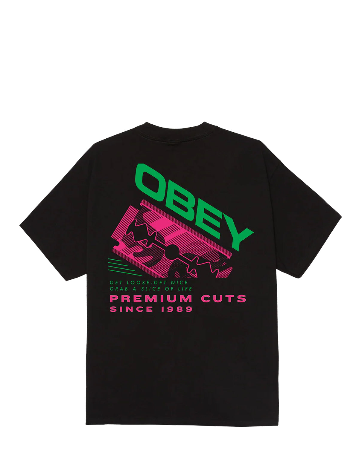 A black short-sleeve t-shirt shown from the back, featuring a large graphic print with the brand name 'OBEY' in bright green and pink, along with 'PREMIUM CUTS SINCE 1989' text.