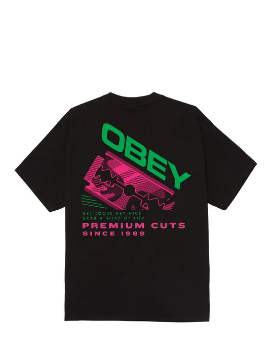 A black short-sleeve t-shirt shown from the back, featuring a large graphic print with the brand name 'OBEY' in bright green and pink, along with 'PREMIUM CUTS SINCE 1989' text.