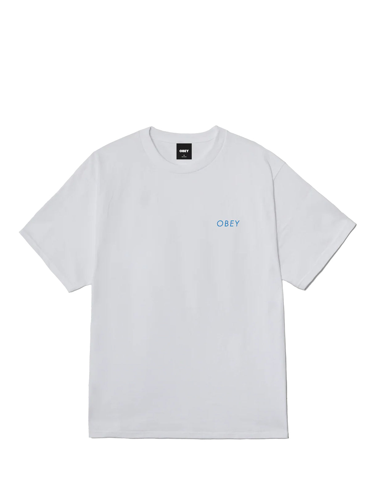 A white short-sleeve crewneck t-shirt with a small light blue 'OBEY' logo printed on the left chest, displayed flat against a solid white background.