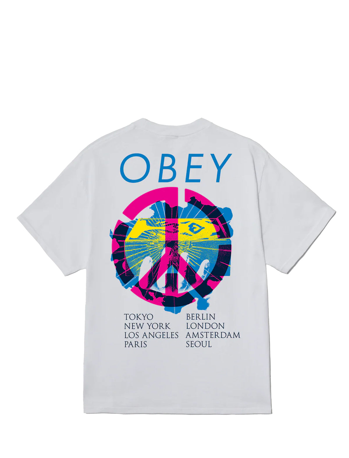 White short-sleeve t-shirt shown from the back, featuring a large graphic print with the word 'OBEY' in blue, a colourful peace sign motif in pink, blue, yellow, and black, and lists of cities in black text.